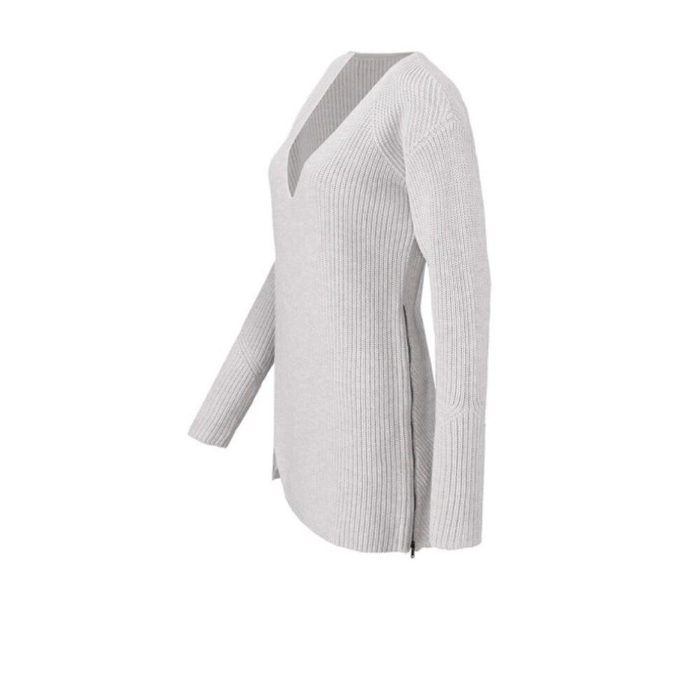 CAbi Deep V Pullover Knit Sweater Gray Sz S Tunic V-Neck Zipper Detail Neutral - Picture 2 of 8